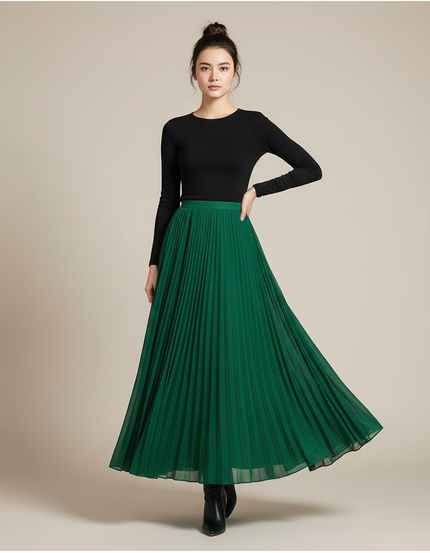Jupe Longue Verte Plissée Fluide Tendance