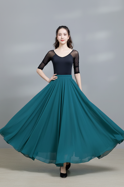 Jupe Longue Chiffon Vert Pétrole Fluide