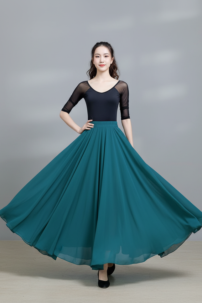 Jupe Longue Chiffon Vert Pétrole Fluide