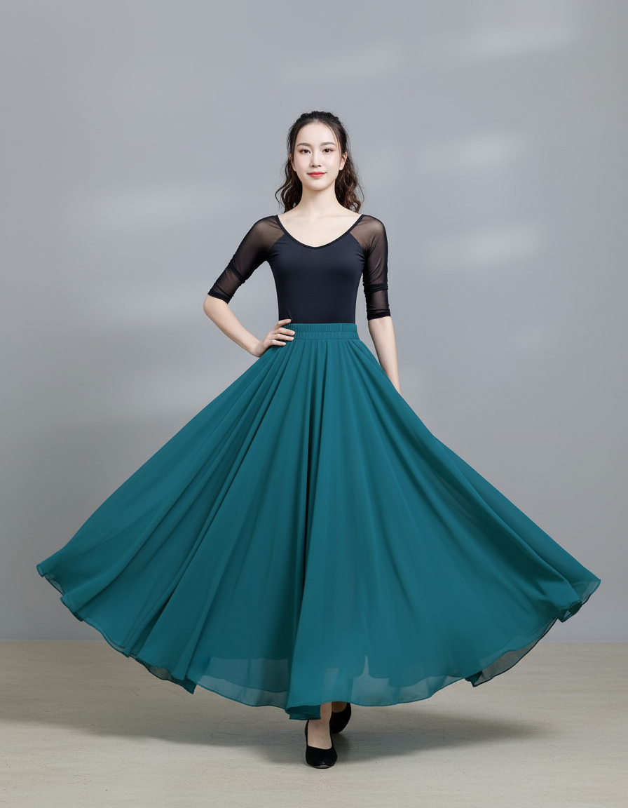 Jupe Longue Chiffon Vert Pétrole Fluide