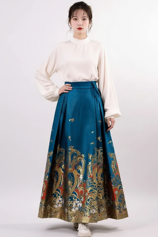 Jupe Longue Bleu Paon Brodée Élégante