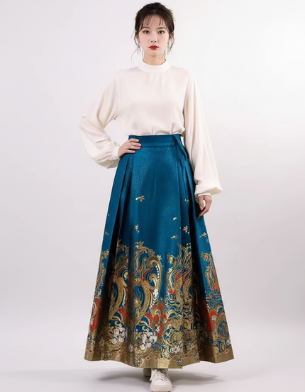 Jupe Longue Bleu Paon Brodée Élégante