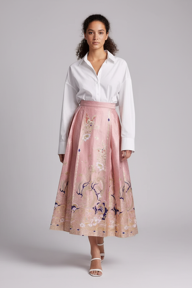 Jupe Longue Rose Brodée Élégante Chic