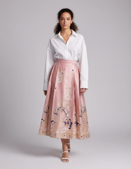 Jupe Longue Rose Brodée Élégante Chic