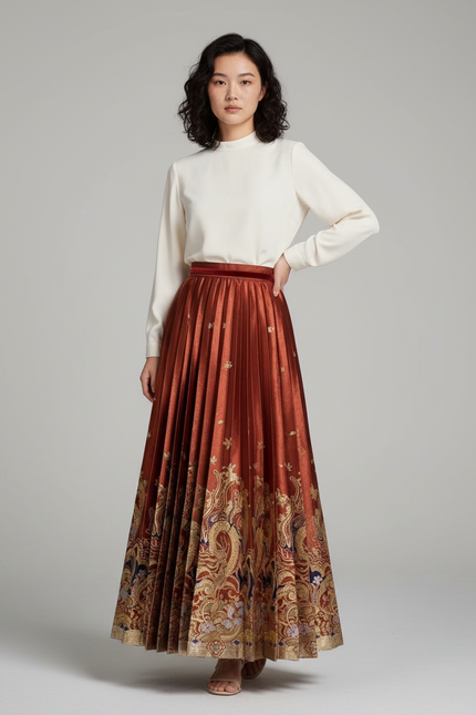 Jupe Longue Plissée Brodée Élégante