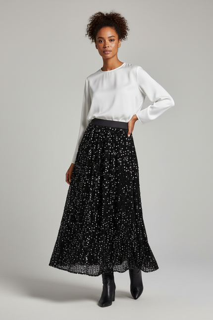Jupe Longue Noire Pailletée Plissée
