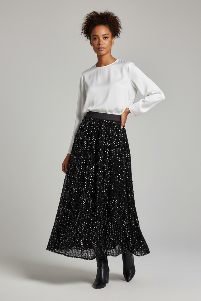 Jupe Longue Noire Pailletée Plissée