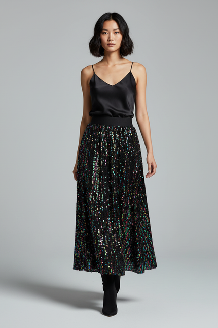 Jupe Longue Noire Paillettes Multicolores Scintillante