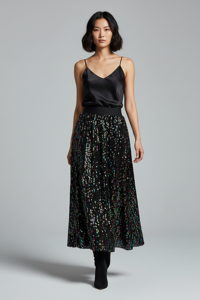 Jupe Longue Noire Paillettes Multicolores Scintillante