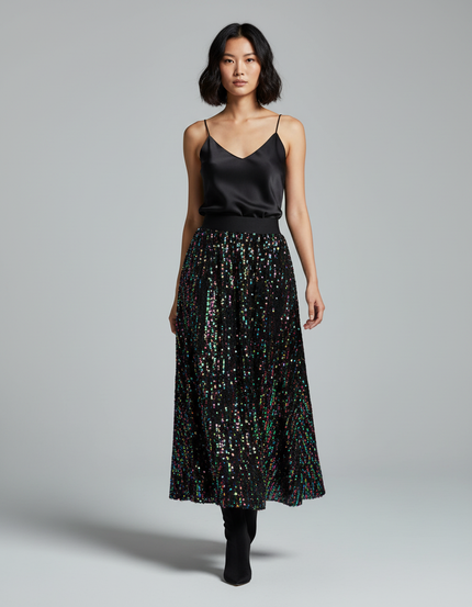 Jupe Longue Noire Paillettes Multicolores Scintillante