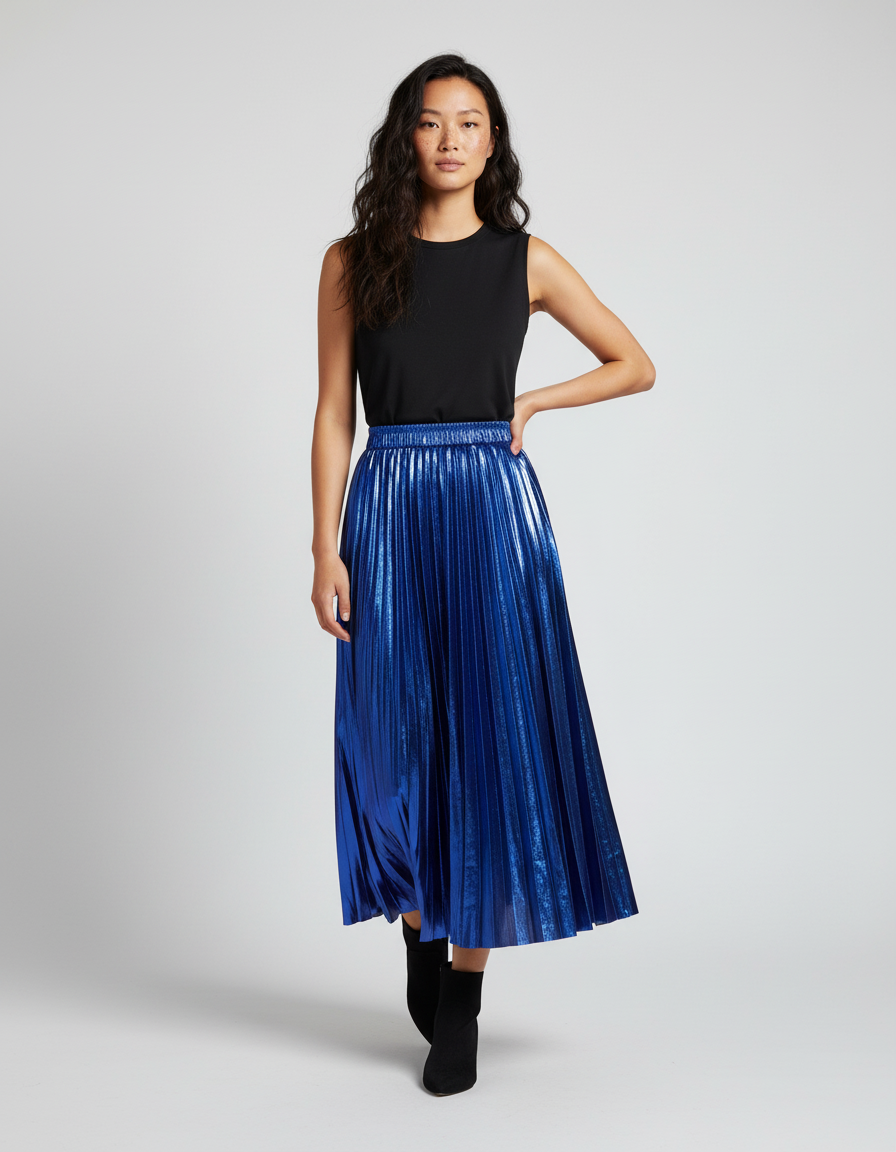 Jupe Longue Plissée Métallisée Élégante Femme