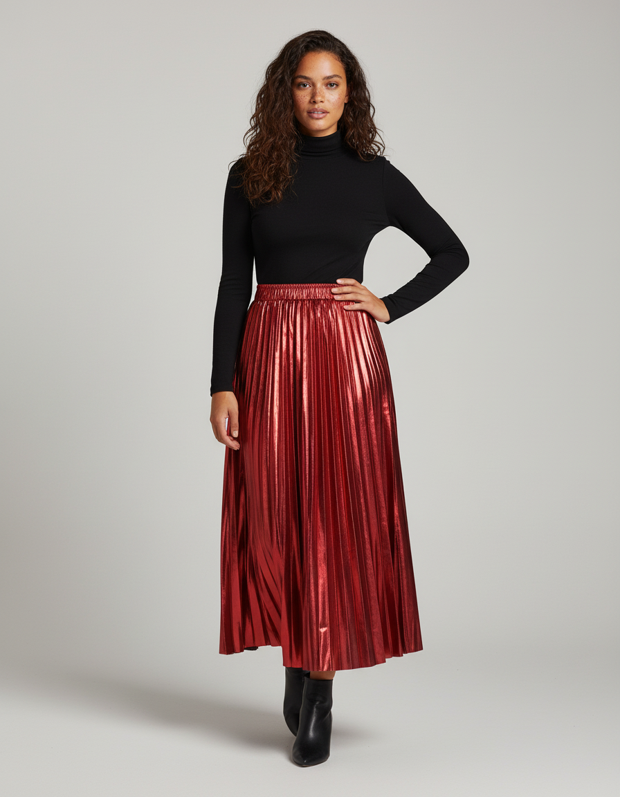 Jupe Longue Plissée Métallisée Élégante Soirée