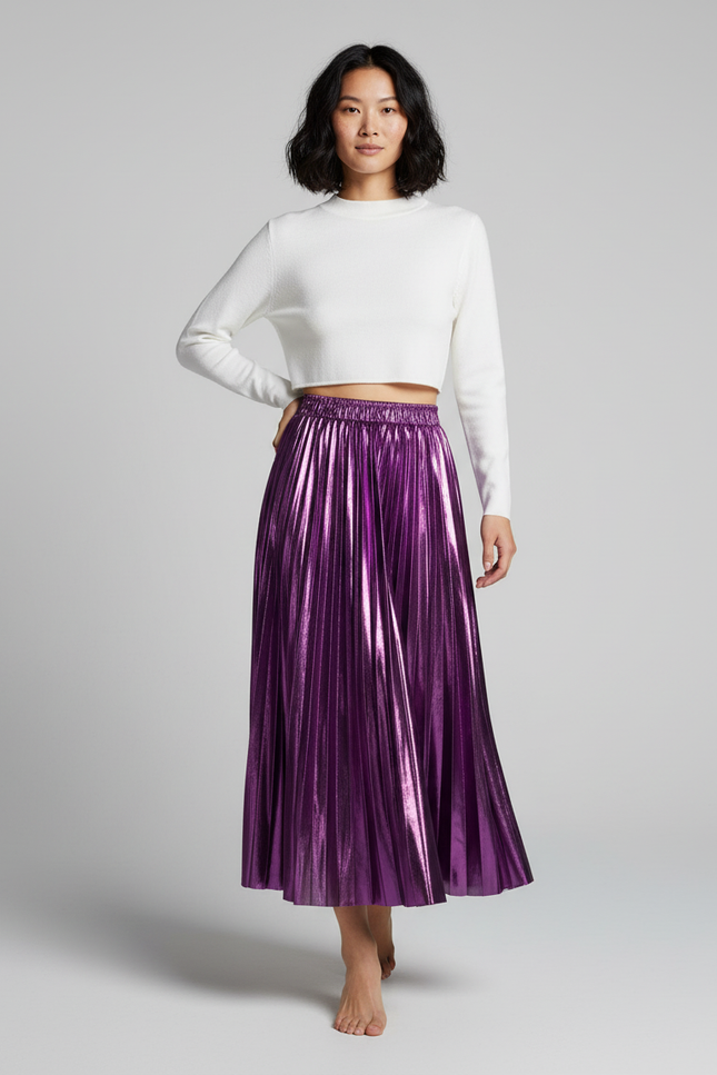 Jupe Longue Plissée Métallisée Élégante Mode