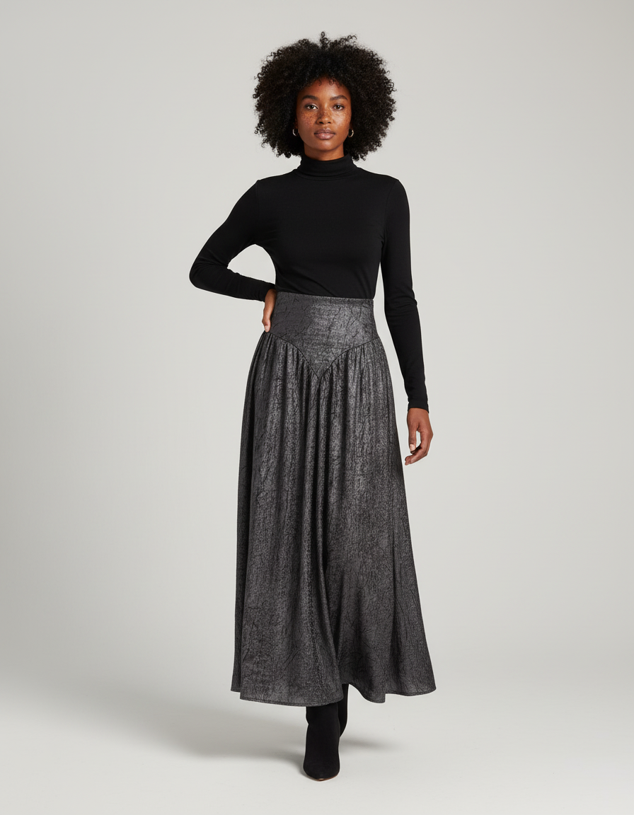 Jupe Longue Gris Métallisé Plissée Élégante
