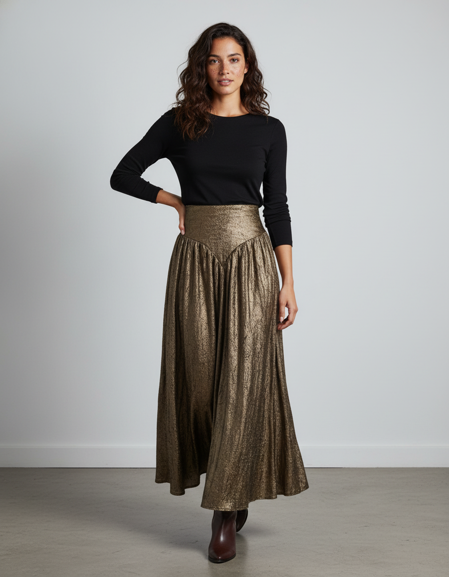 Jupe Longue Dorée Plissée Élégante Soirée