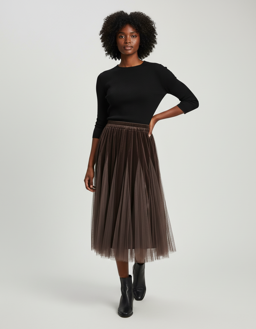 Jupe Longue Tulle Plissée Élégante Femme