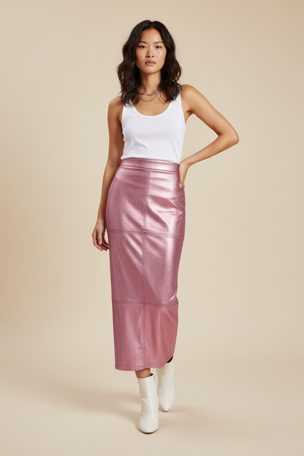 Jupe Longue Rose Métallisé Similicuir Chic