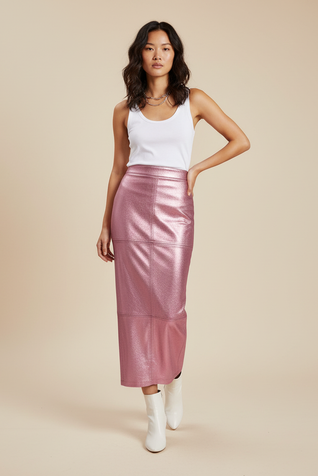 Jupe Longue Rose Métallisé Similicuir Chic