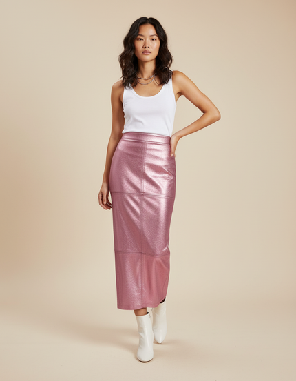 Jupe Longue Rose Métallisé Similicuir Chic