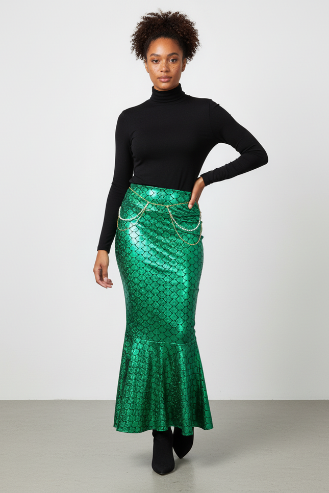 Jupe Longue Sirène Écailles Vert Métallisé