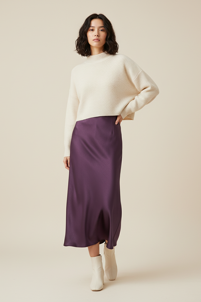 Jupe Longue Satin Prune Fluide