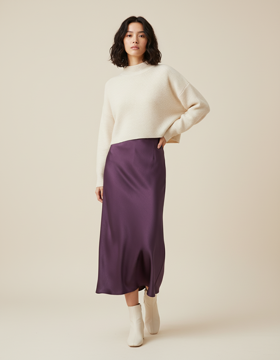 Jupe Longue Satin Prune Fluide