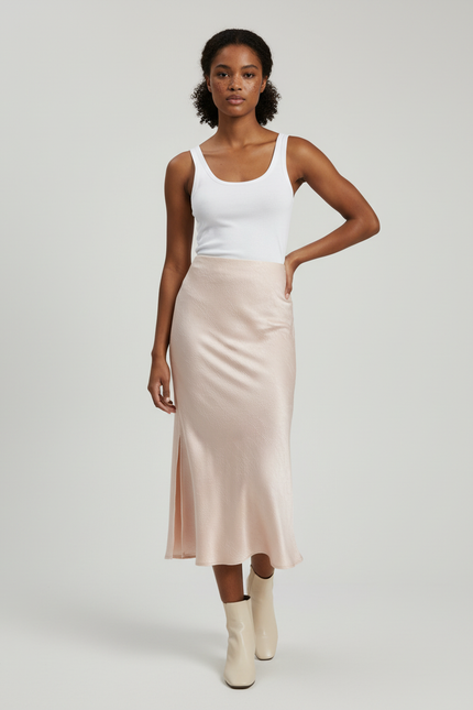 Jupe Longue Fluide Satin Rose Poudré Fendue