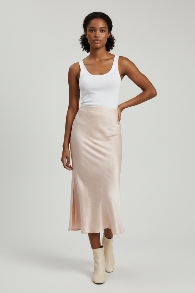 Jupe Longue Fluide Satin Rose Poudré Fendue