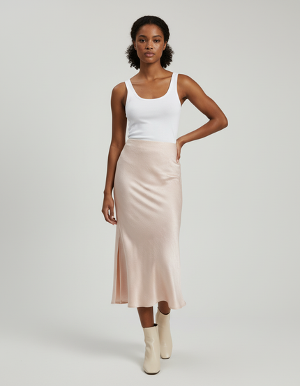 Jupe Longue Fluide Satin Rose Poudré Fendue