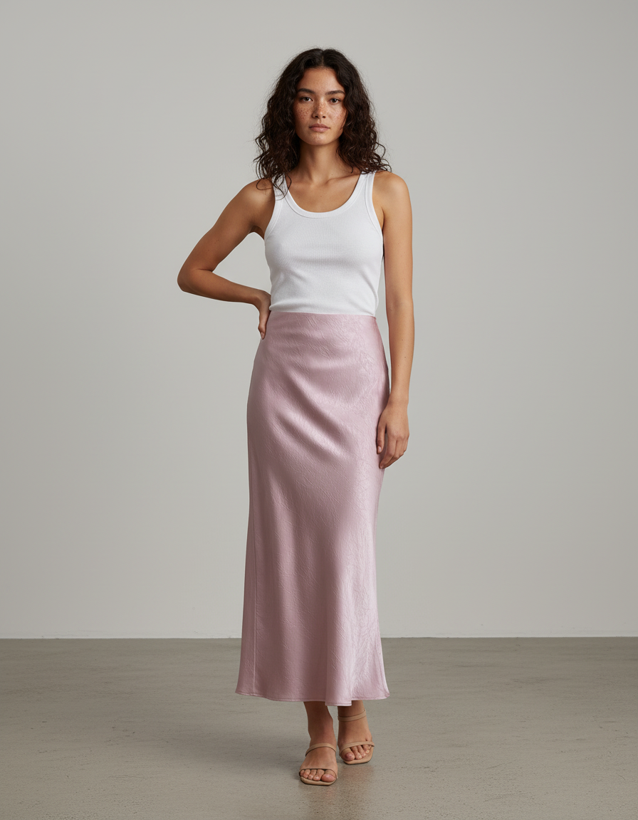 Jupe Longue Rose Poudré Satin Froissé Élégante