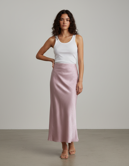 Jupe Longue Rose Poudré Satin Froissé Élégante