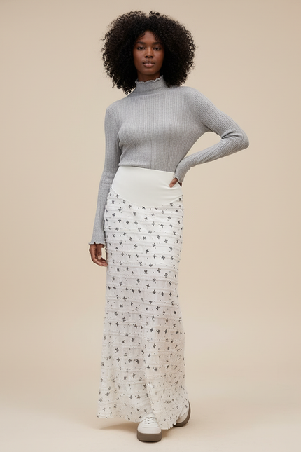 Jupe Longue Blanche Motif Noir Pour Femme