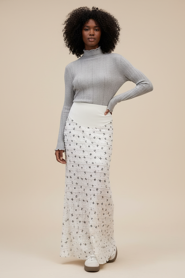 Jupe Longue Blanche Motif Noir Pour Femme