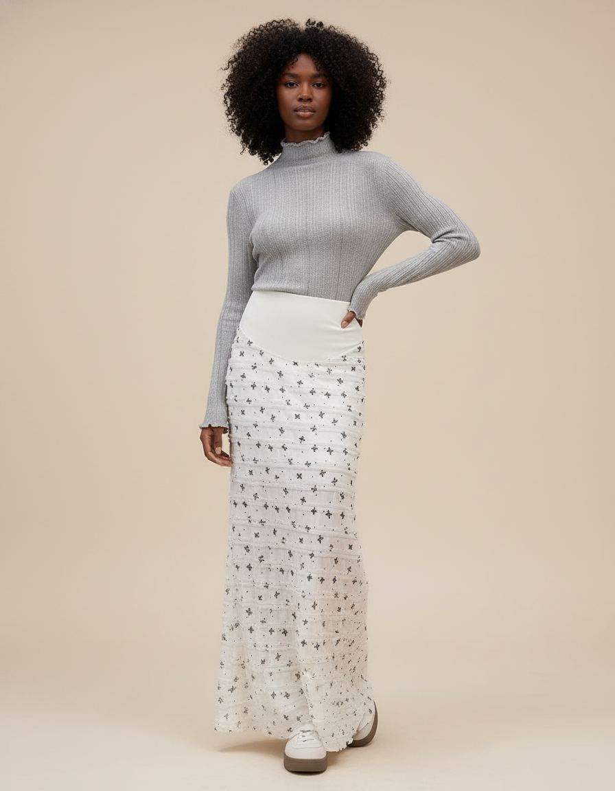 Jupe Longue Blanche Motif Noir Pour Femme