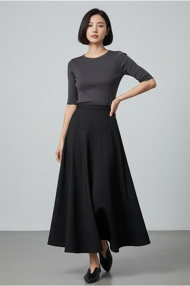 Jupe Longue Noire Évasée Élégante Mode