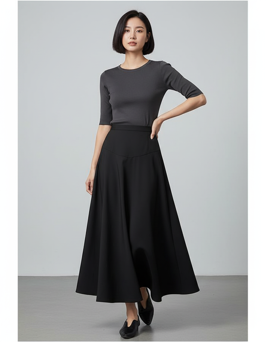 Jupe Longue Noire Évasée Élégante Mode