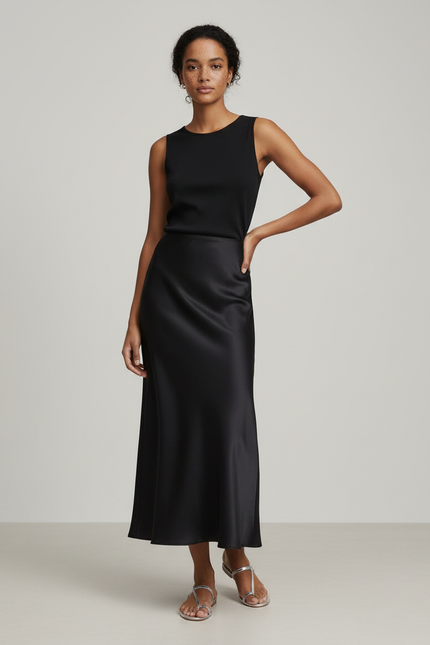 Jupe Longue Noire Satinée Fluide Femme