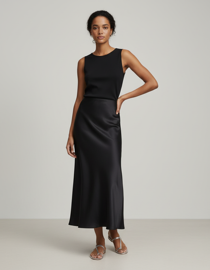 Jupe Longue Noire Satinée Fluide Femme