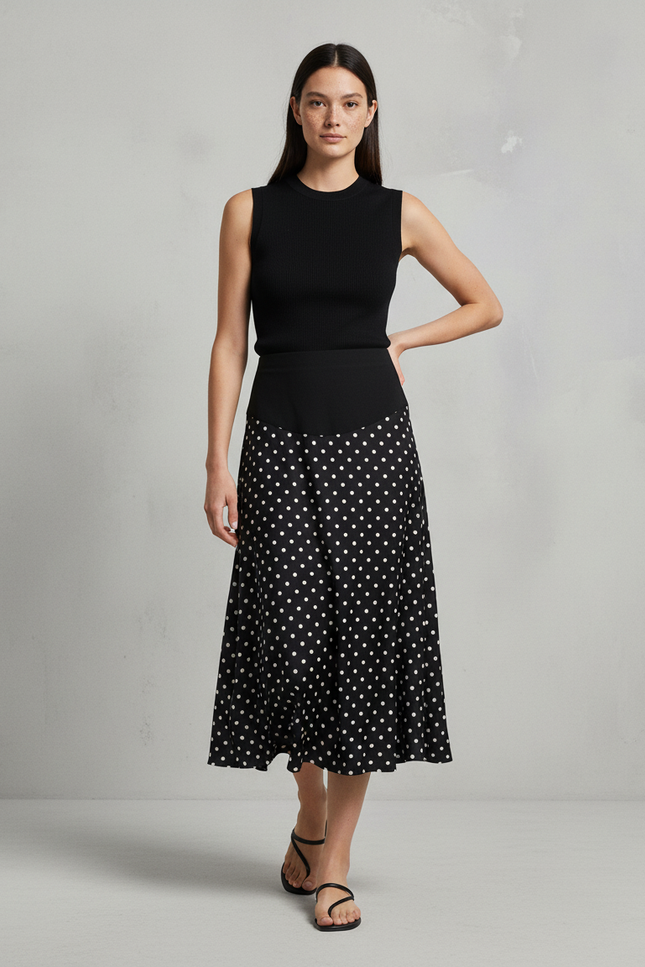 Jupe Longue Noire À Pois Fluide