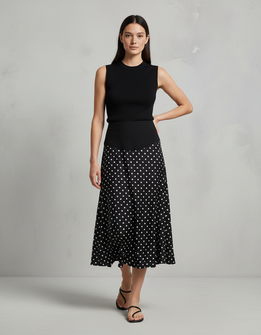 Jupe Longue Noire À Pois Fluide