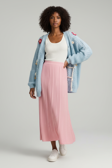 Jupe Longue Rose Côtelée Décontractée