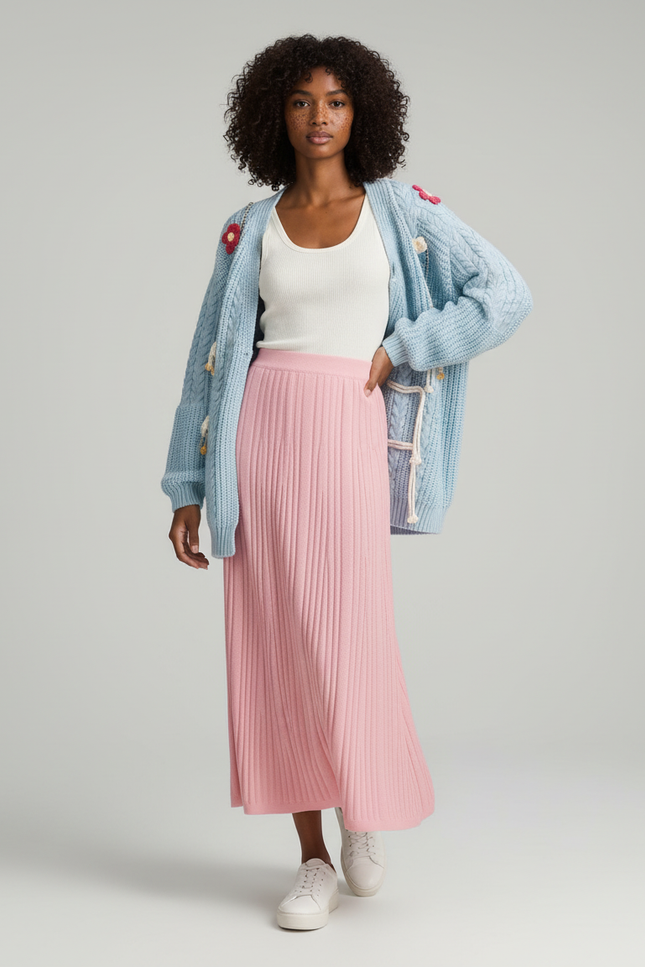Jupe Longue Rose Côtelée Décontractée
