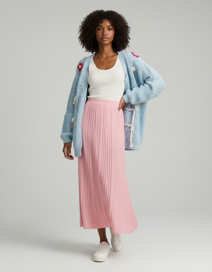 Jupe Longue Rose Côtelée Décontractée