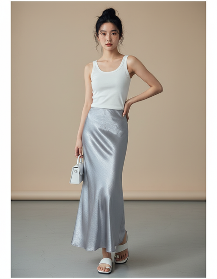Jupe Longue Satinée Argentée Élégante