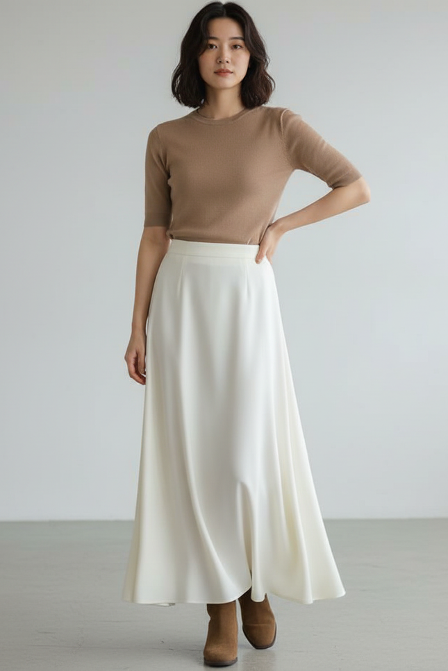 Jupe Longue Crème Fluide Élégante Femme