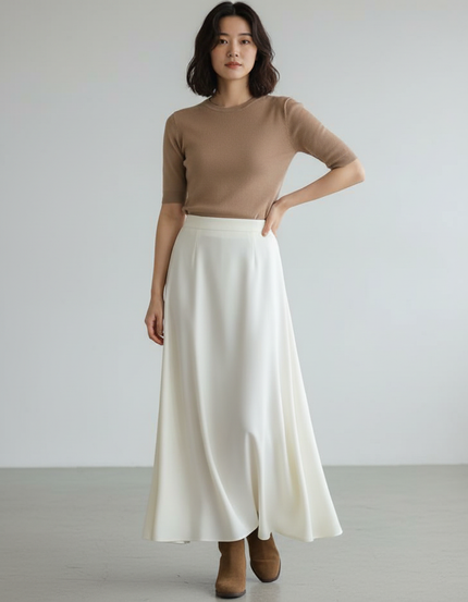 Jupe Longue Crème Fluide Élégante Femme