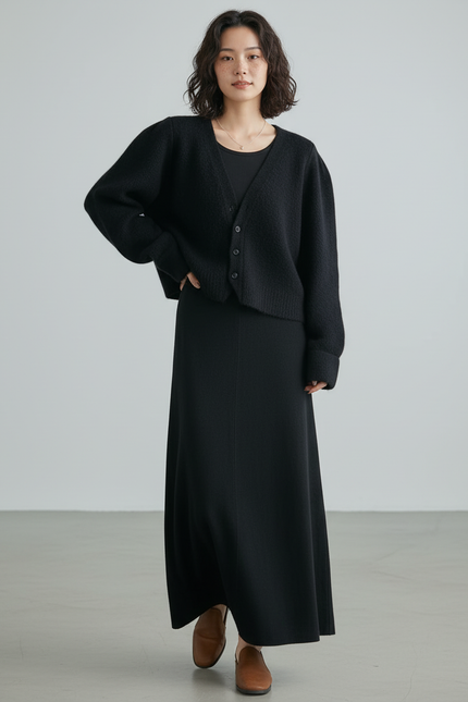 Jupe Longue Noire Laine Fluide