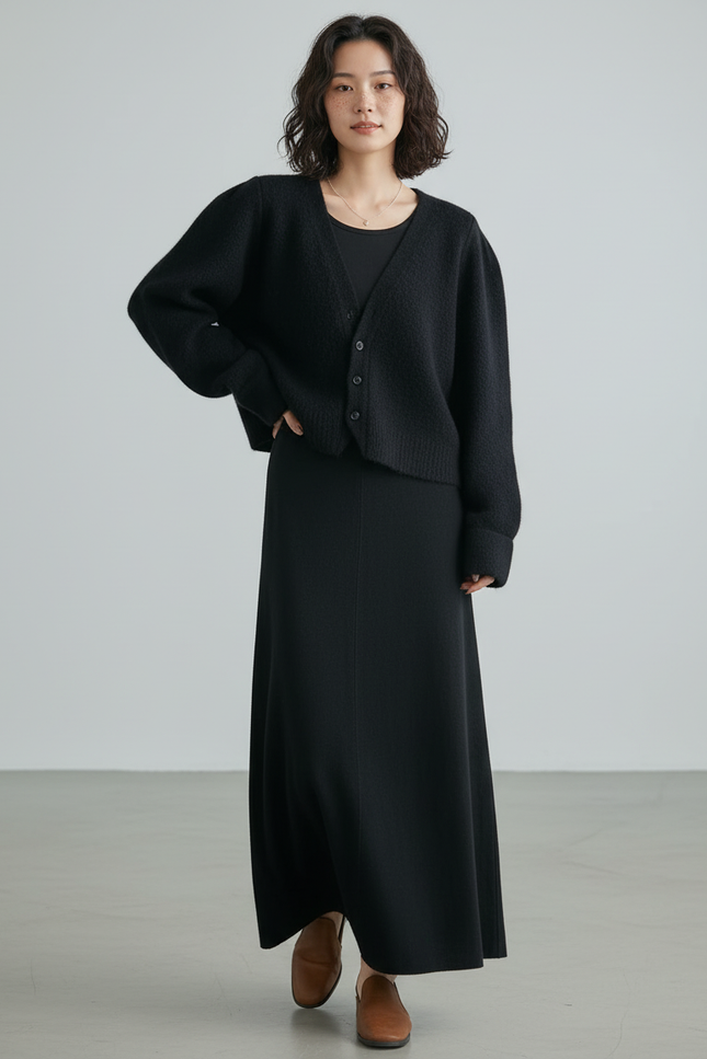 Jupe Longue Noire Laine Fluide