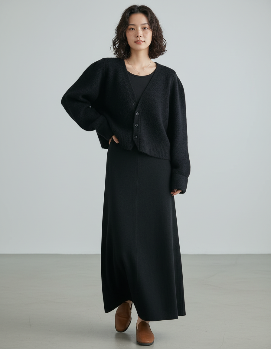 Jupe Longue Noire Laine Fluide