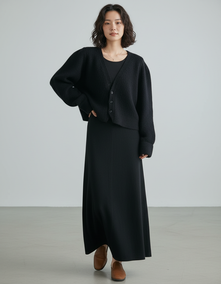 Jupe Longue Noire Laine Fluide